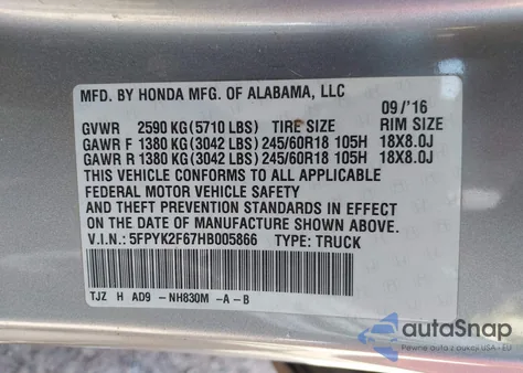 2017 Honda Ridgeline Rtl-T z USA, uszkodzony, nr VIN 5FPYK2F67HB005866